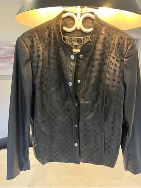 TanJay Black Perforated Faux Leather Snap-Front Jacket